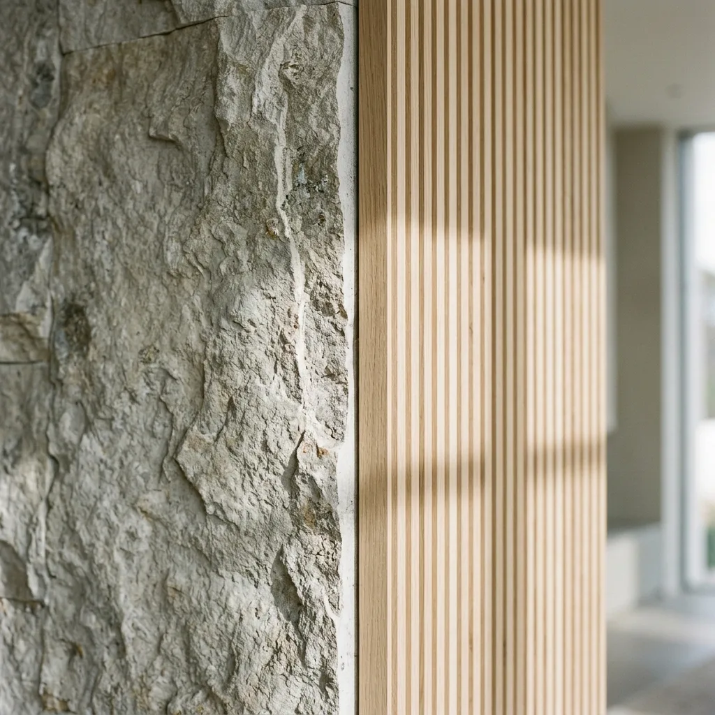 Detalhe construtivo minimalista de encontro de pedra natural com painel ripado de carvalho