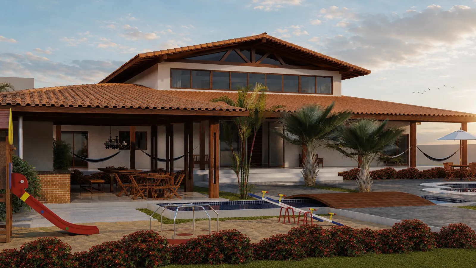 Projeto Refúgio no Sertão - Fachada da fazenda contemporânea com alpendre e paisagismo típico do sertão