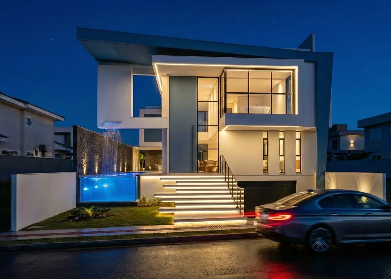 Residência contemporânea iluminada ao anoitecer